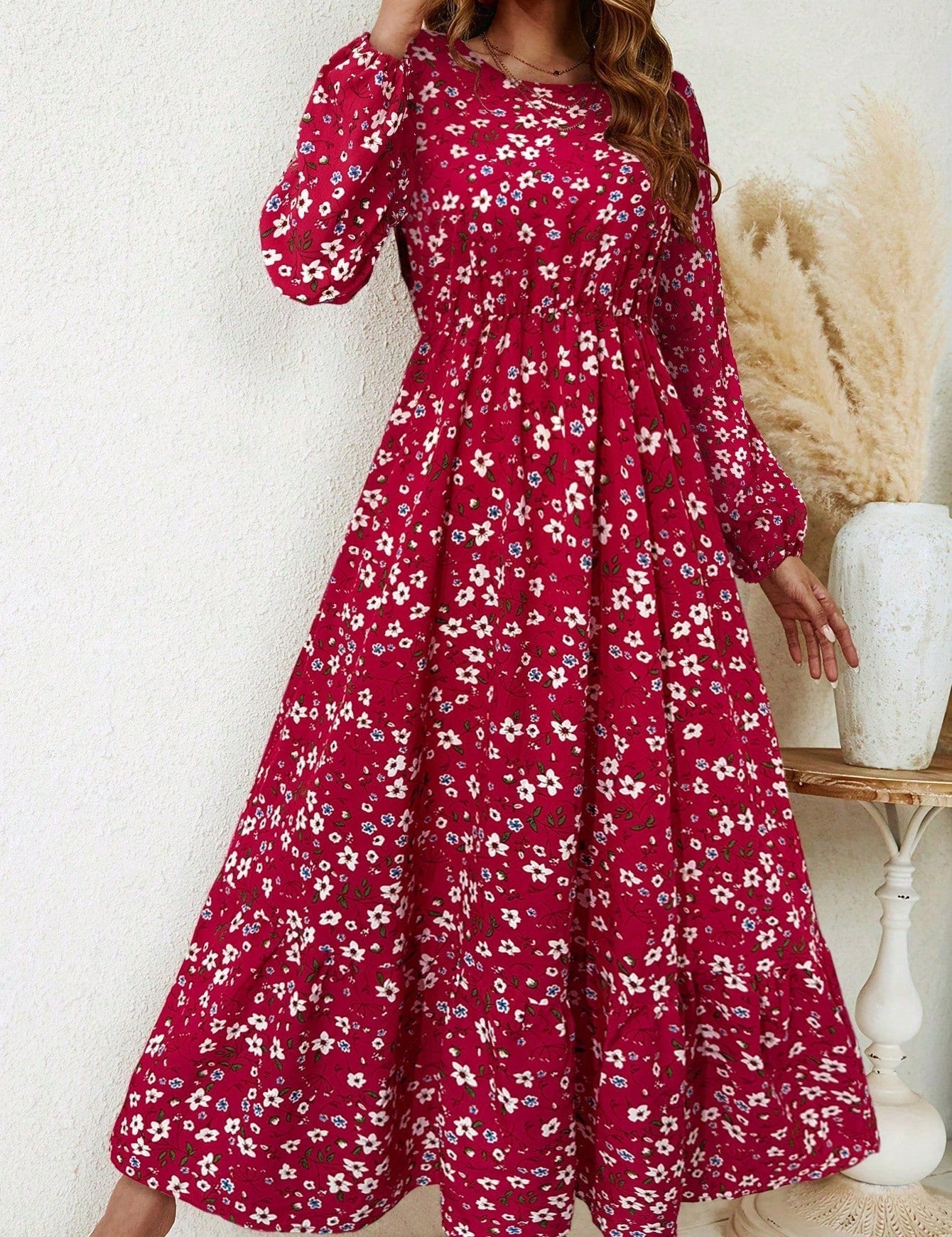 Delphine Ravenscourt | Floral Print Bishop Sleeve Smocked Waist Maxi Dress