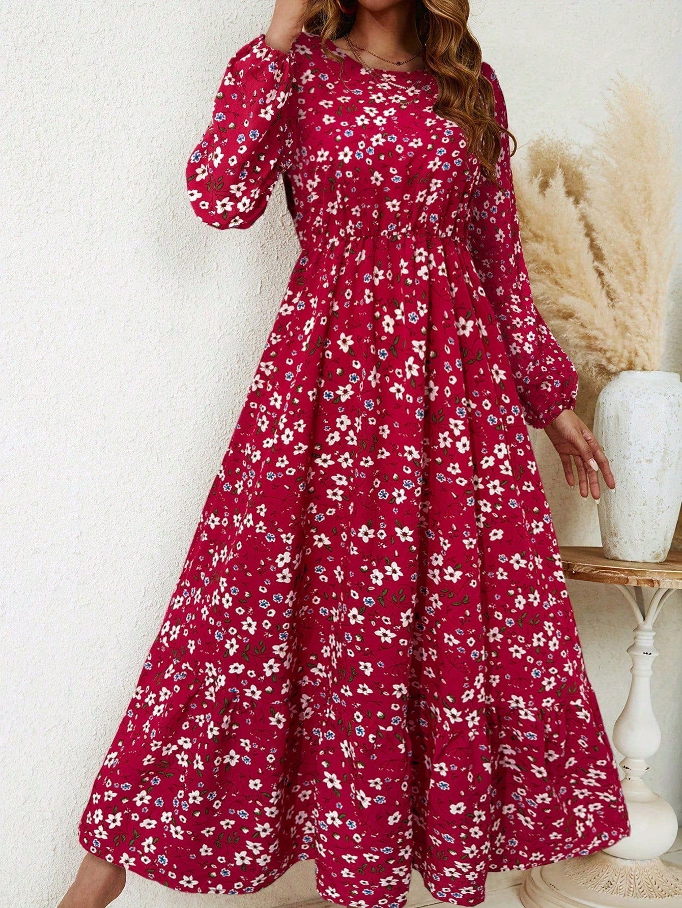 Delphine Ravenscourt | Floral Print Bishop Sleeve Smocked Waist Maxi Dress