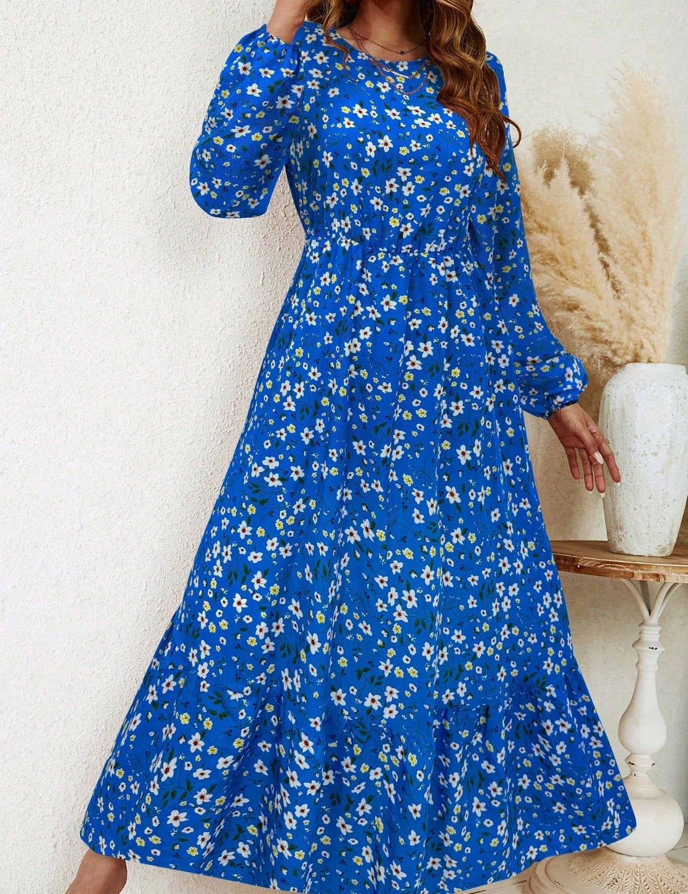 Delphine Ravenscourt | Floral Print Bishop Sleeve Smocked Waist Maxi Dress