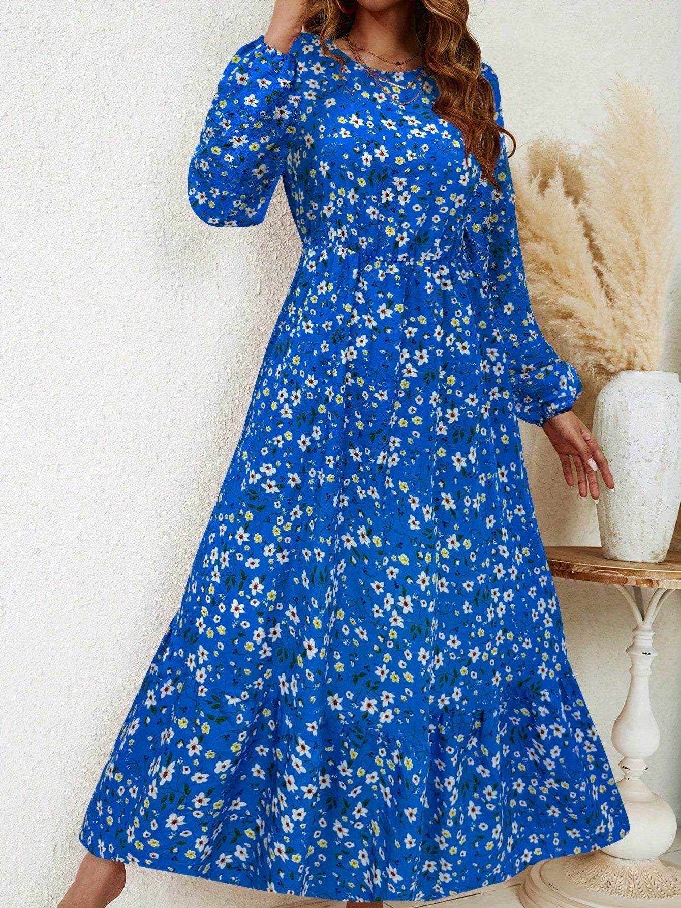 Delphine Ravenscourt | Floral Print Bishop Sleeve Smocked Waist Maxi Dress