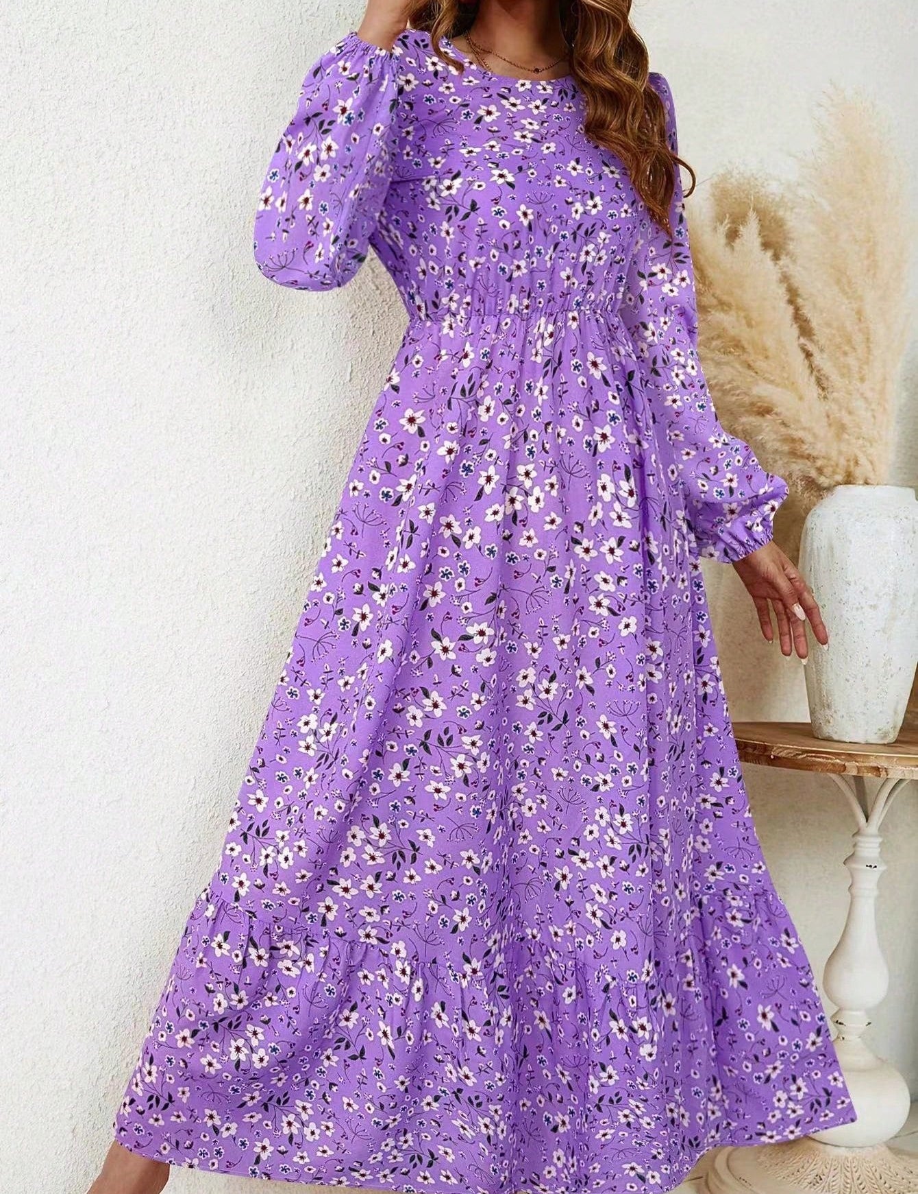 Delphine Ravenscourt | Floral Print Bishop Sleeve Smocked Waist Maxi Dress