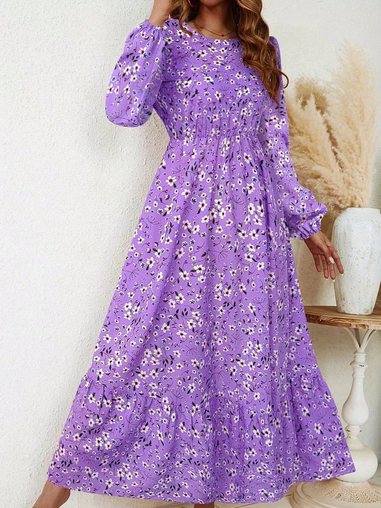 Delphine Ravenscourt | Floral Print Bishop Sleeve Smocked Waist Maxi Dress