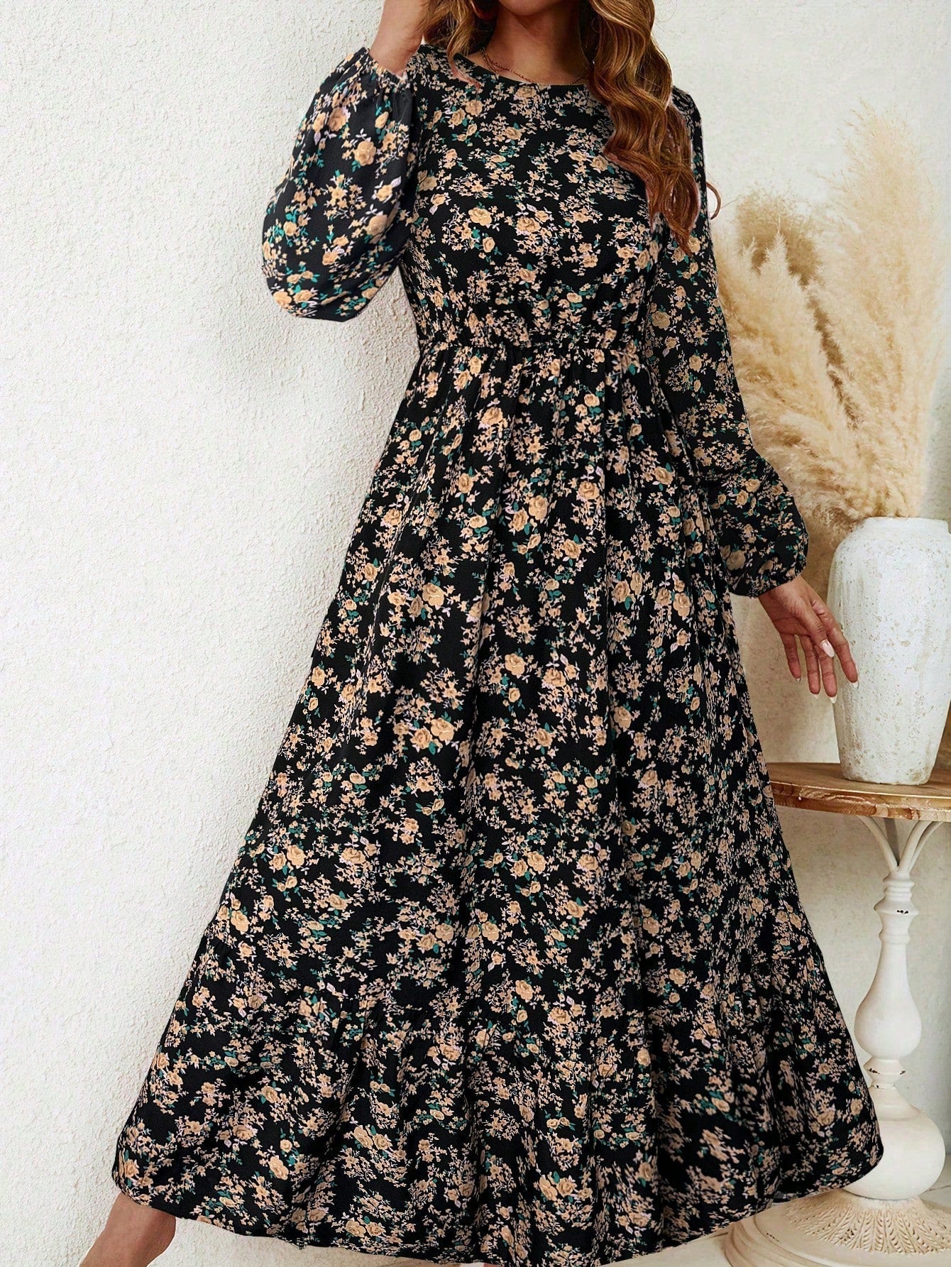 Delphine Ravenscourt | Floral Print Bishop Sleeve Smocked Waist Maxi Dress