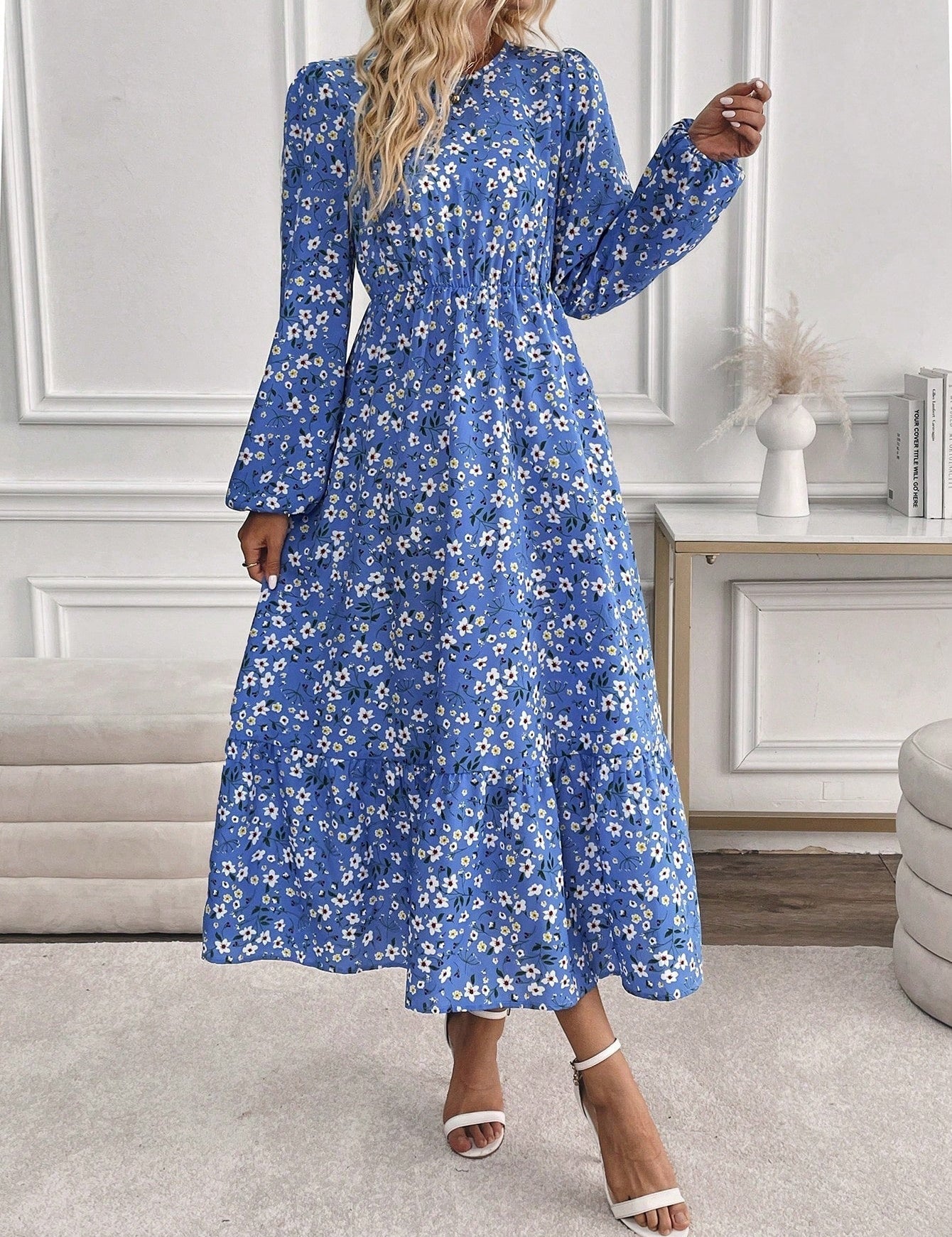 Delphine Ravenscourt | Floral Print Bishop Sleeve Smocked Waist Maxi Dress