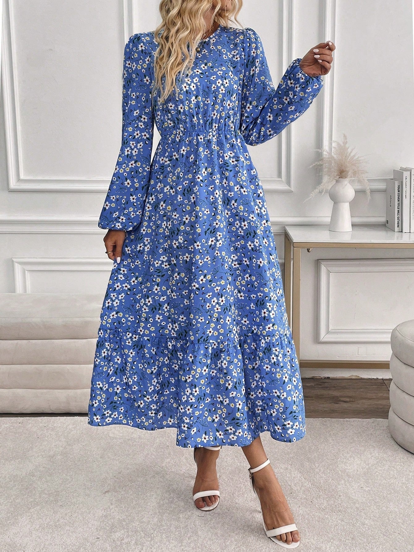Delphine Ravenscourt | Floral Print Bishop Sleeve Smocked Waist Maxi Dress
