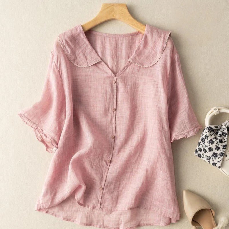 Amélie Fontblanc | Green Linen Blouse with Scalloped Peter Pan Collar