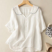 Amélie Fontblanc | Green Linen Blouse with Scalloped Peter Pan Collar