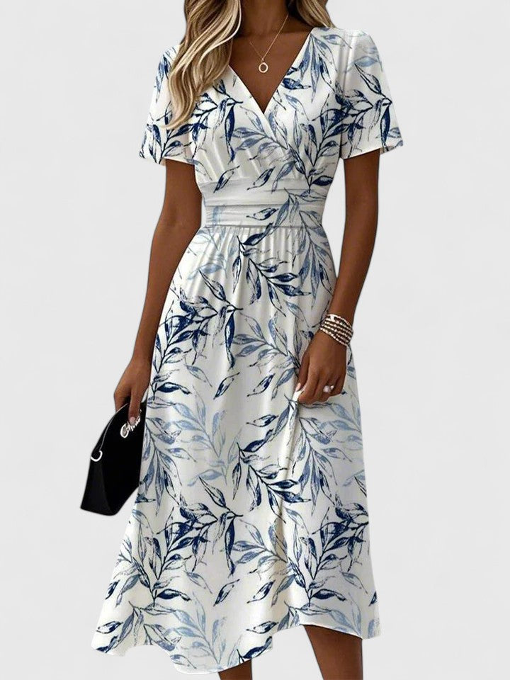 Rosalind Ashverne | Navy Leaf Print V-Neck Flutter Sleeve Midi Dress