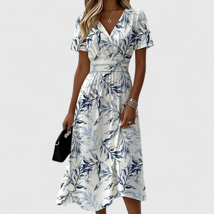 Rosalind Ashverne | Navy Leaf Print V-Neck Flutter Sleeve Midi Dress
