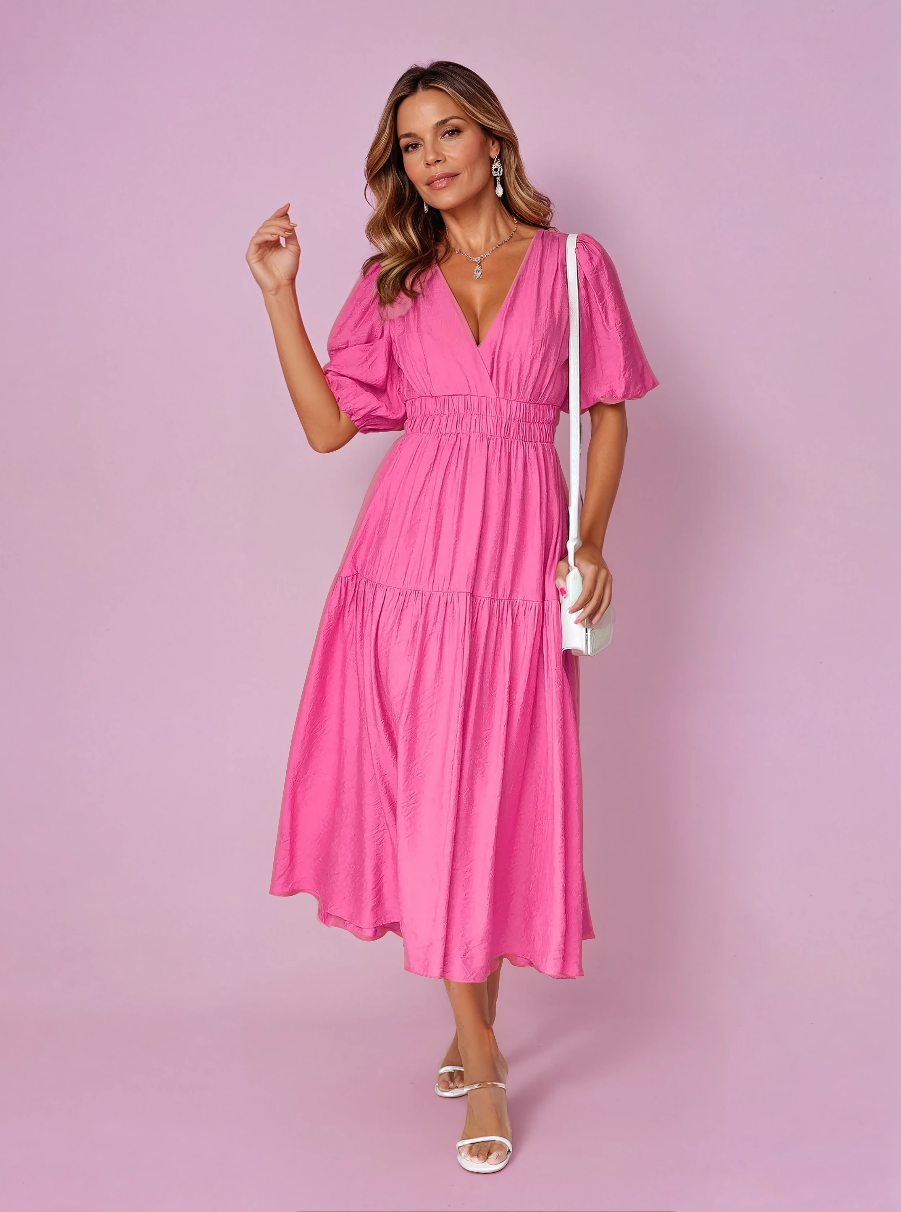 Genevra Saintbourne | Black V-Neck Puff Sleeve Midi Dress with Smocked Waist