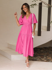 Genevra Saintbourne | Black V-Neck Puff Sleeve Midi Dress with Smocked Waist