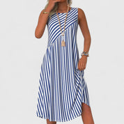 Elaine Vaufort | Blue Striped Sleeveless Midi Dress