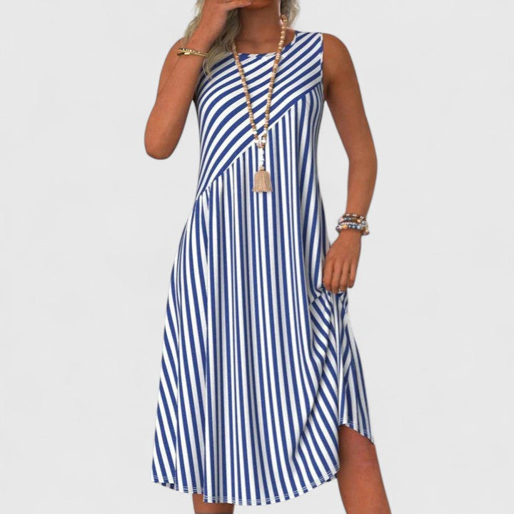 Elaine Vaufort | Blue Striped Sleeveless Midi Dress