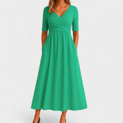 Francine Delvaux | Grey V-Neck Midi Dress with Pockets