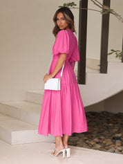 Genevra Saintbourne | Black V-Neck Puff Sleeve Midi Dress with Smocked Waist