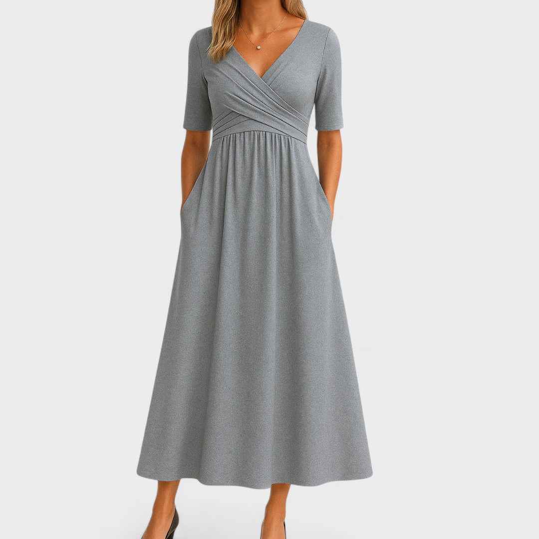 Francine Delvaux | Grey V-Neck Midi Dress with Pockets