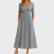 Francine Delvaux | Grey V-Neck Midi Dress with Pockets