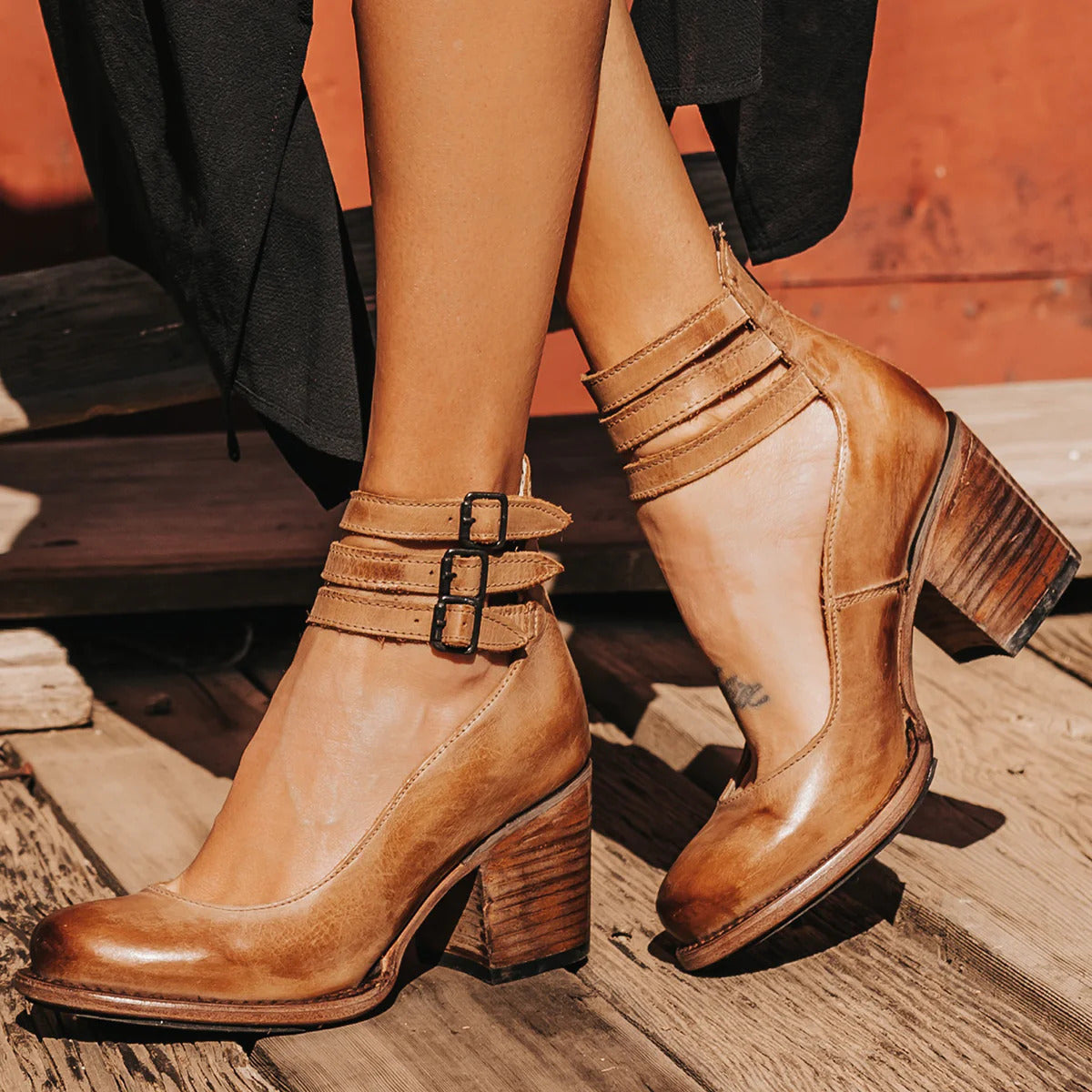 Eleanora Vosswick | Tan Leather Block Heel Ankle Boot with Double Buckle Straps