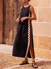 Théodora Vanbright | Black Sleeveless Maxi Dress with Wavy Contrast Side Trim