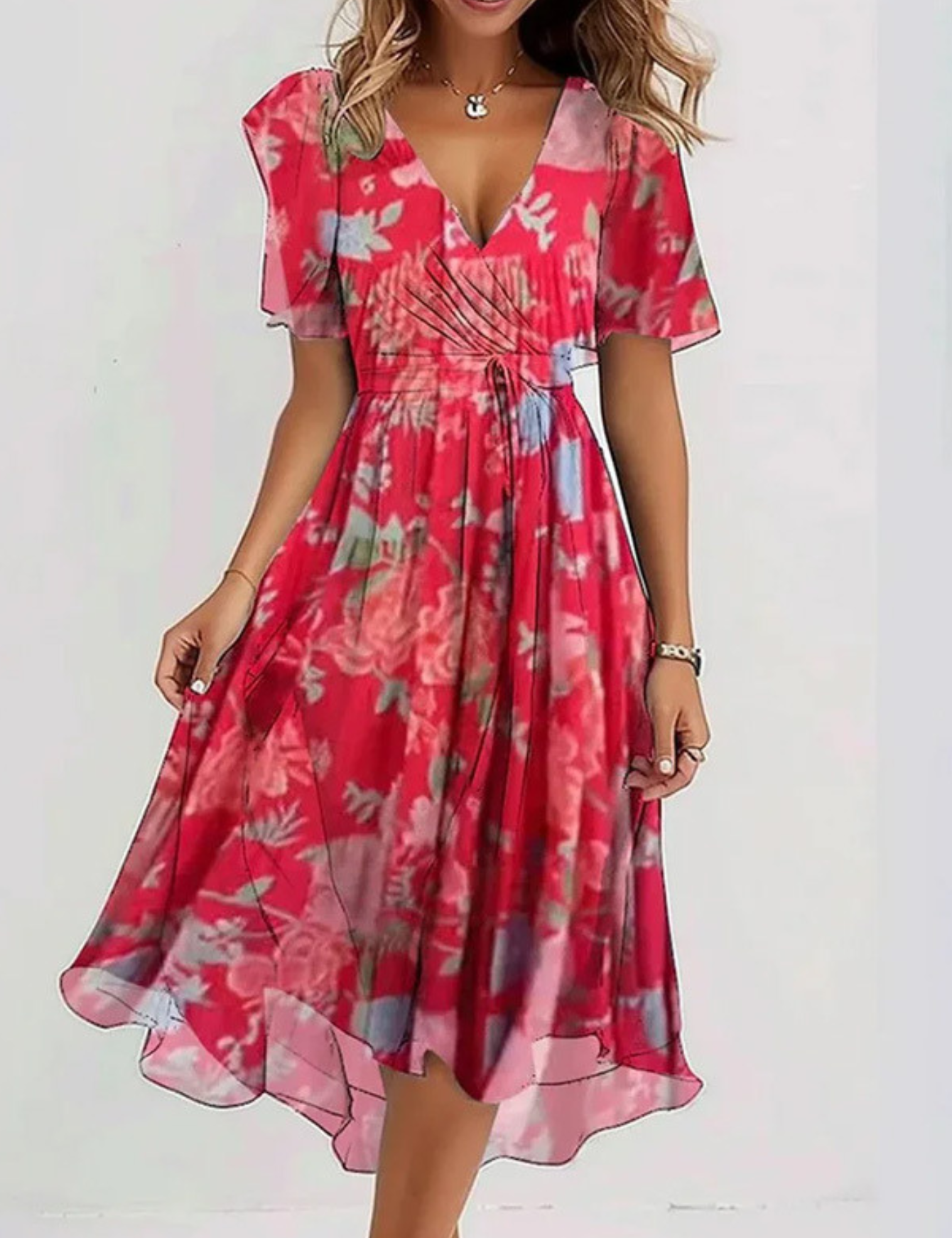 Estelle Ravenclair | Floral Chiffon Midi Wrap Dress with Flutter Sleeves