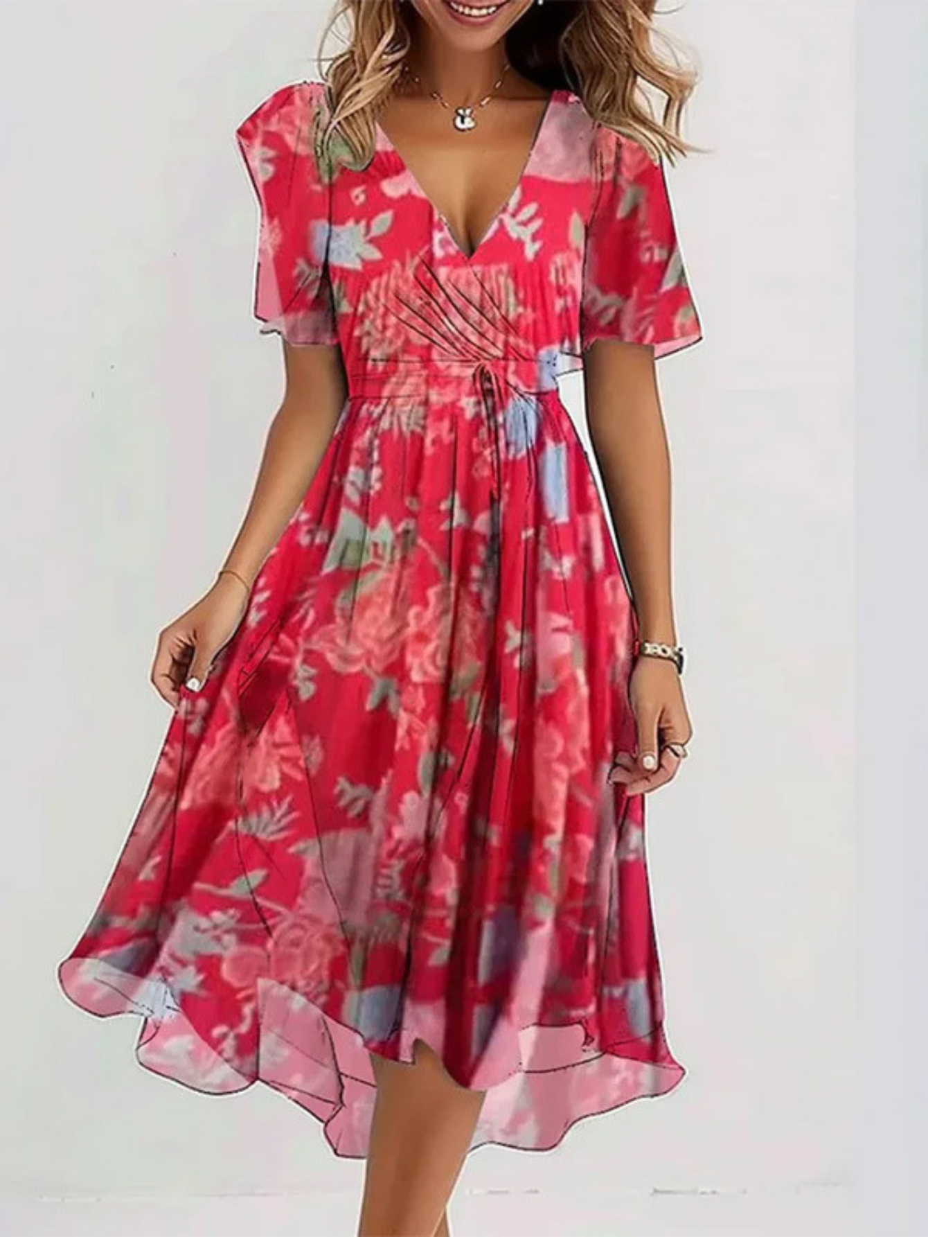 Estelle Ravenclair | Floral Chiffon Midi Wrap Dress with Flutter Sleeves