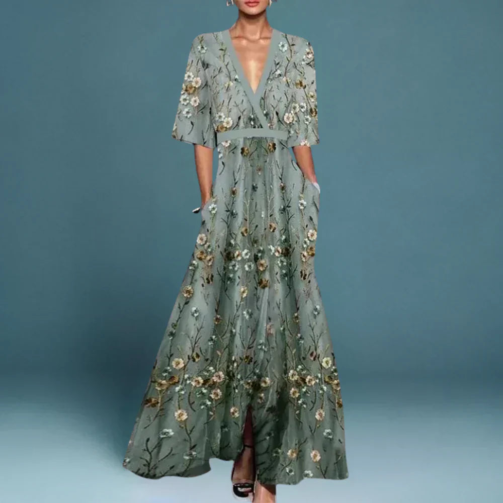 Seraphelle Kingsbourne | Floral Embroidered Maxi Dress in Sage Green