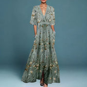 Seraphelle Kingsbourne | Floral Embroidered Maxi Dress in Sage Green