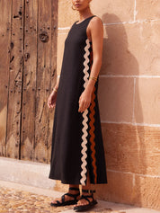 Théodora Vanbright | Black Sleeveless Maxi Dress with Wavy Contrast Side Trim