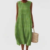 Mirabel Fontaineaux | Green Embroidered Sleeveless Midi Dress with Pockets