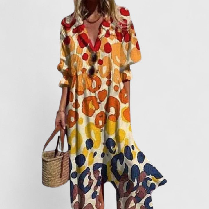 Théodeline Sancourt | Blue Leaf Print Boho Midi Shirt Dress