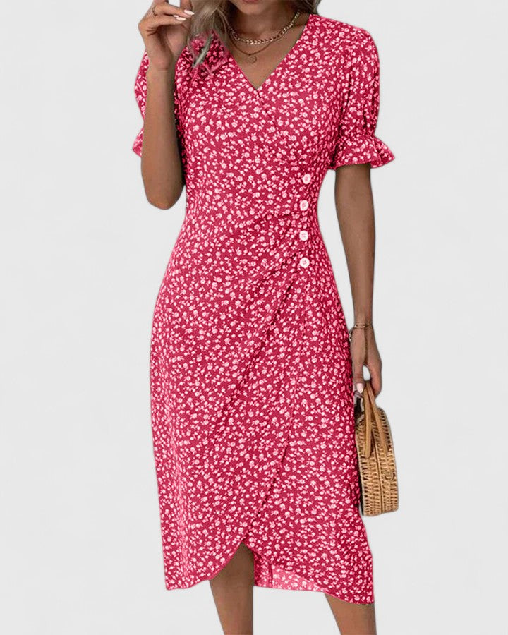 Eleonore Dubreuil | Green Ditsy Floral Midi Dress with Button Detail
