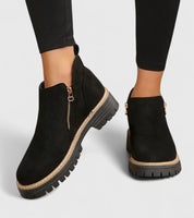 Elaine Fontverde | Black Suede Ankle Boots with Gold Zip