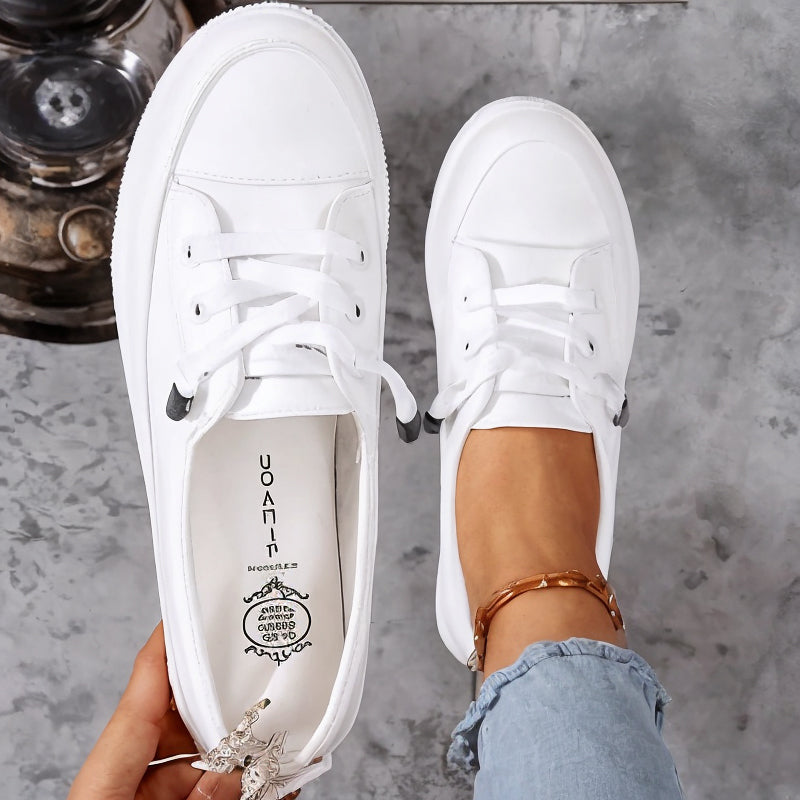 Emmeline Whitford | White Faux Leather Lace-Up Low Top Sneakers