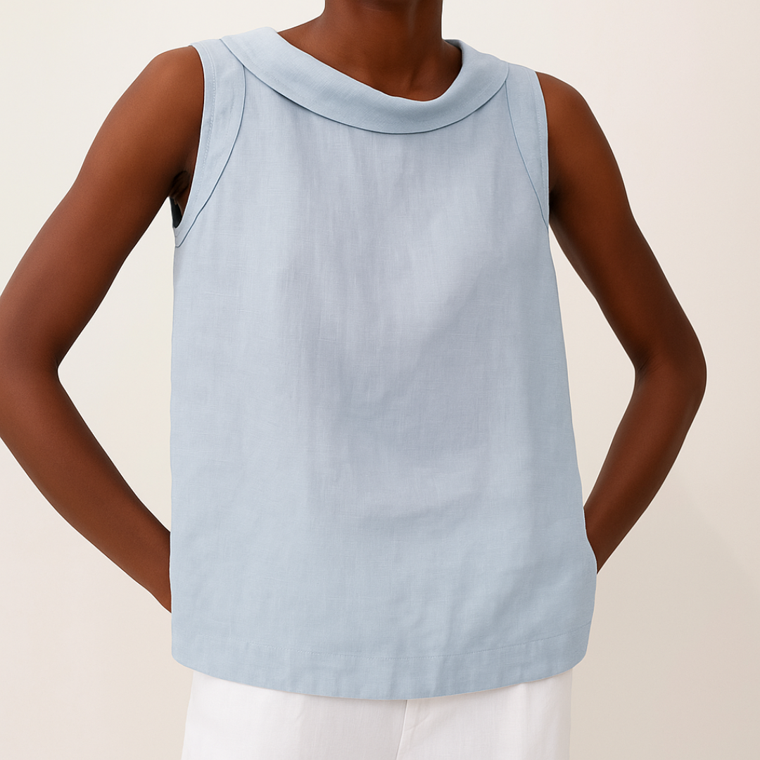 Amélie Fontclair | Sleeveless Roll Collar Blouse in Blue Grey Linen
