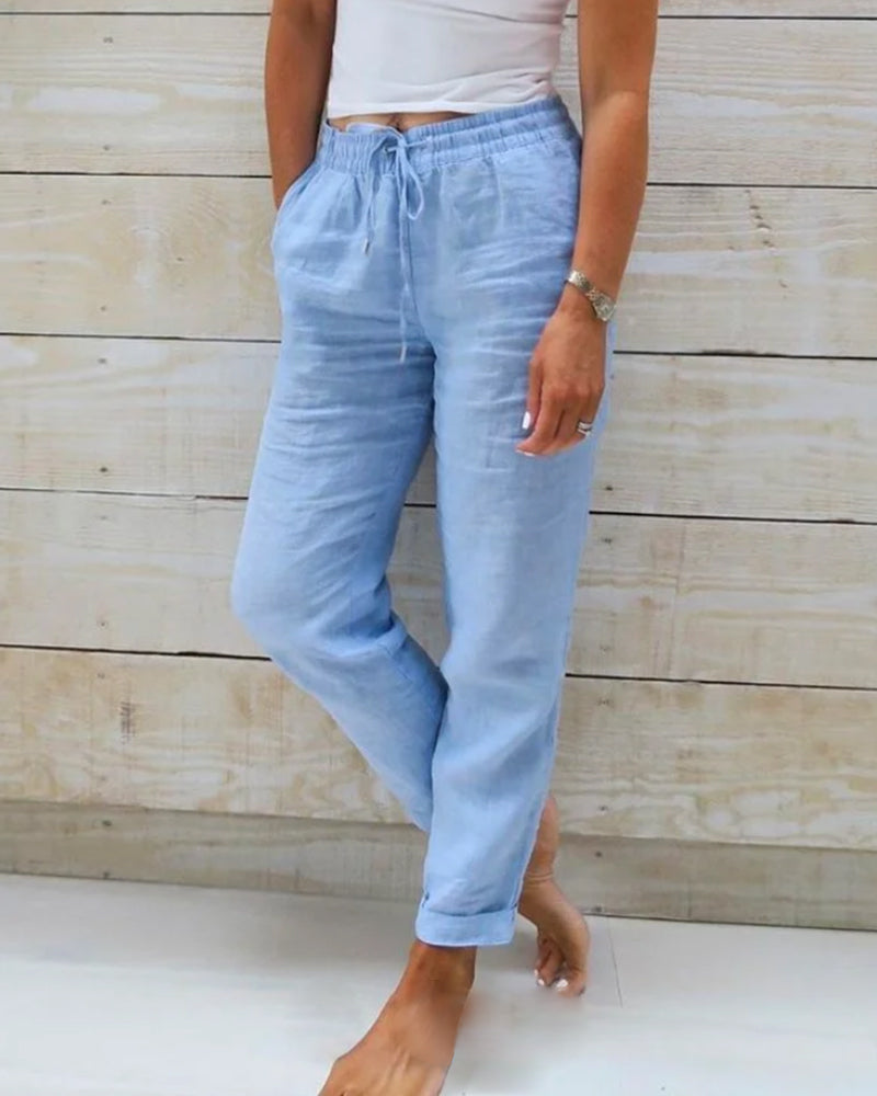 Florence Beauregard | Light Blue Linen-Cotton Drawstring Trousers