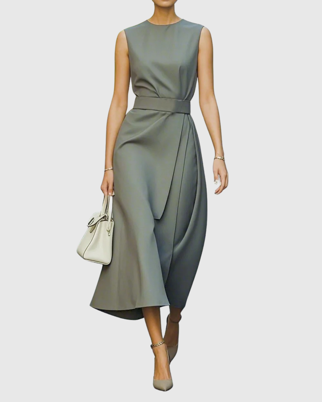 Isabeau Cavendish | Rust Brown Sleeveless Midi Dress with Waist Sash