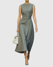 Isabeau Cavendish | Rust Brown Sleeveless Midi Dress with Waist Sash