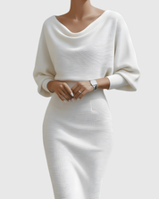 Elaine Fontcourt | Black Ribbed Cowl Neck Batwing Midi Dress