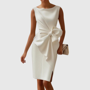 Aurienne Blackwell | Black Sleeveless Boat Neck Midi Dress with Bow