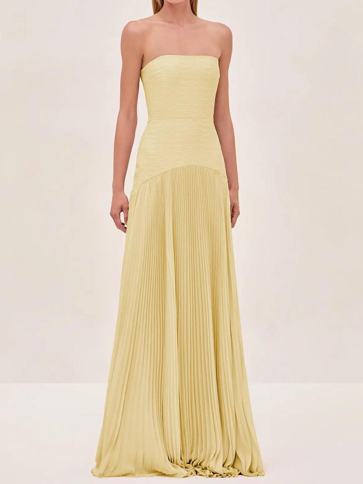 Genevra Solvaine | Sage Green Strapless Pleated Maxi Gown