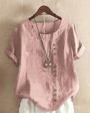 Margot Villeneuve | Pink Linen Button Front Crew Neck Short Sleeve Top