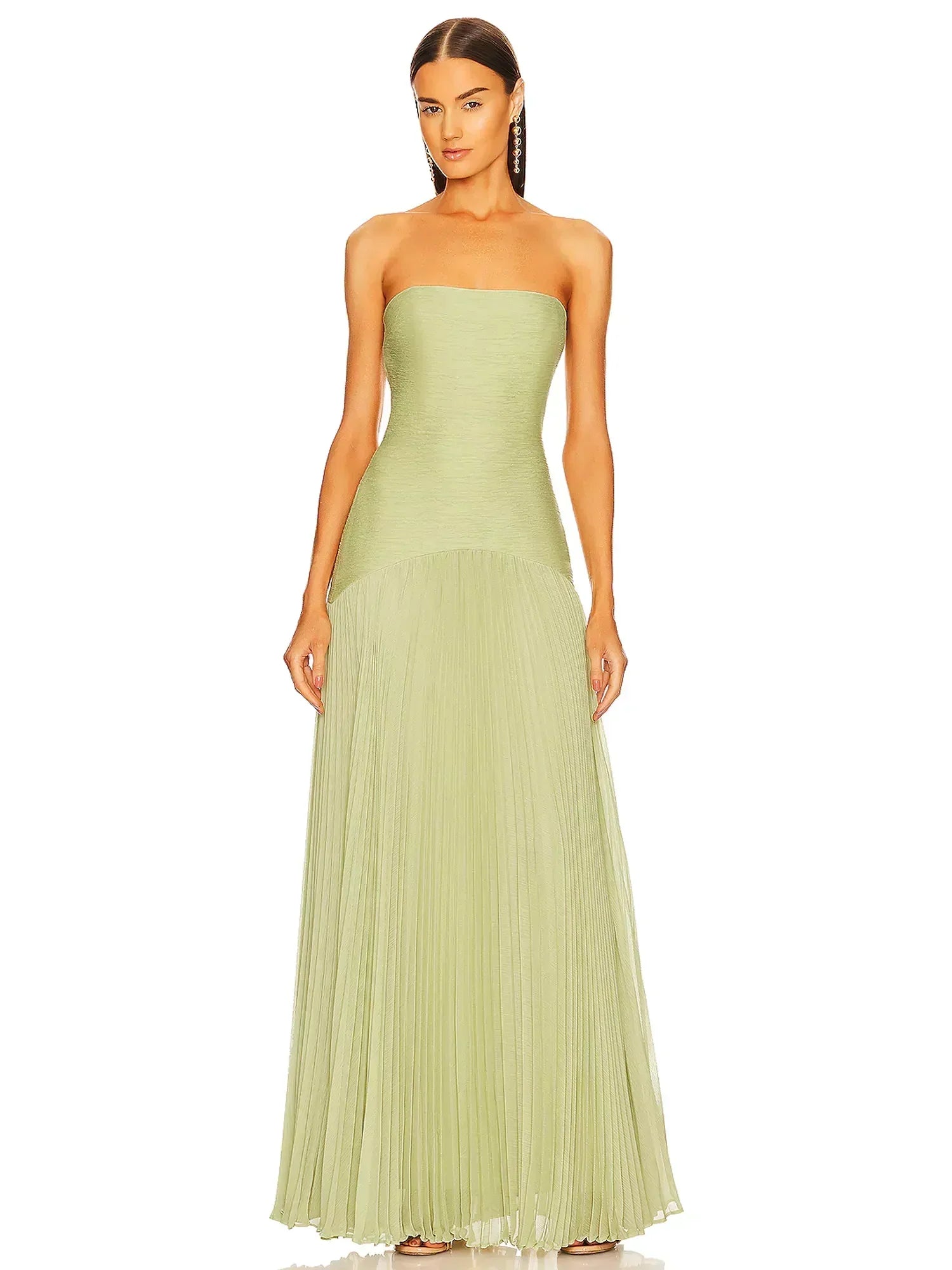 Genevra Solvaine | Sage Green Strapless Pleated Maxi Gown