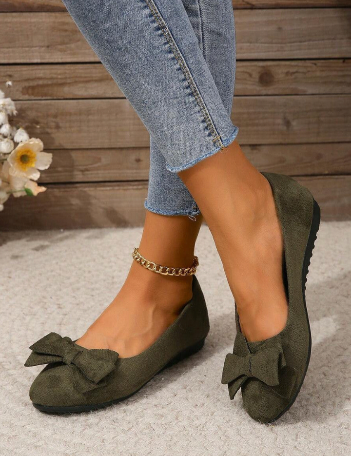 Annelise Devereaux | Olive Green Suede Bow Ballet Flats