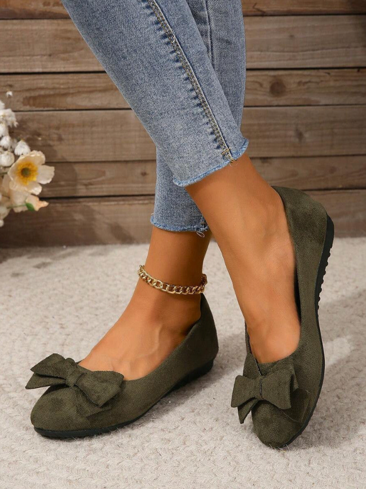 Annelise Devereaux | Olive Green Suede Bow Ballet Flats