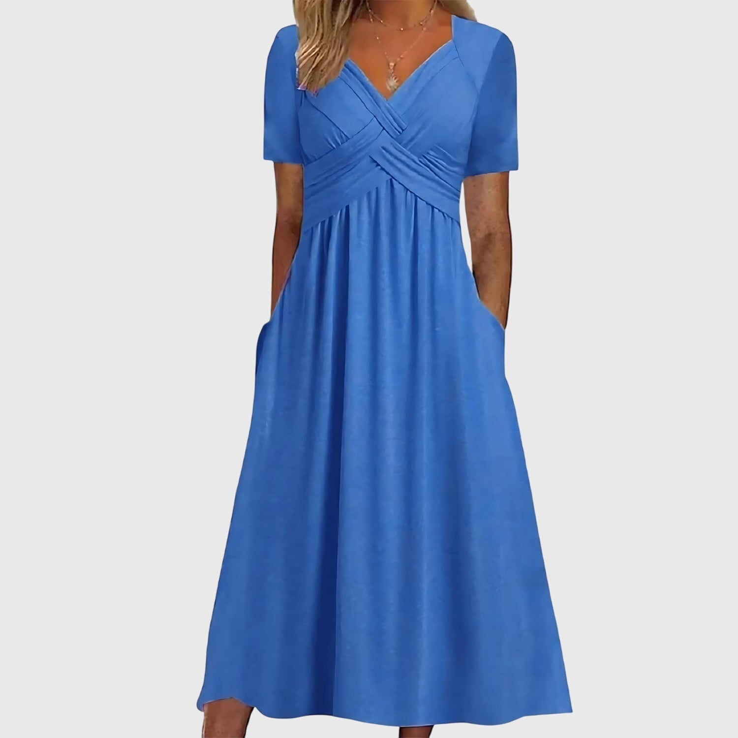 Cordelia Ashbourne | Blue V-Neck Midi Dress with Tummy Control