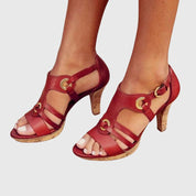 Éloise Ravencourt | Brown Cork Heel Gladiator Sandals with Gold Hardware