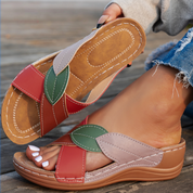 Natasha Bellemore | Colorblock Leaf Appliqué Slip-On Wedge Sandals