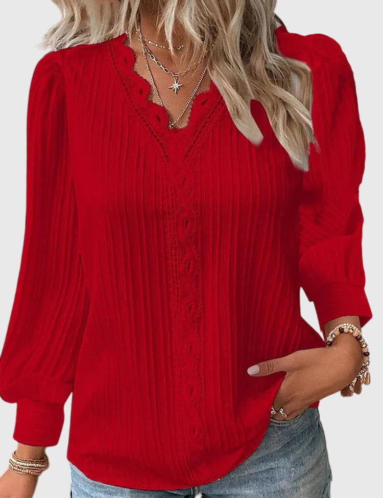 Amélie Chanteclair | Yellow Lace Trim V-Neck Long Sleeve Blouse