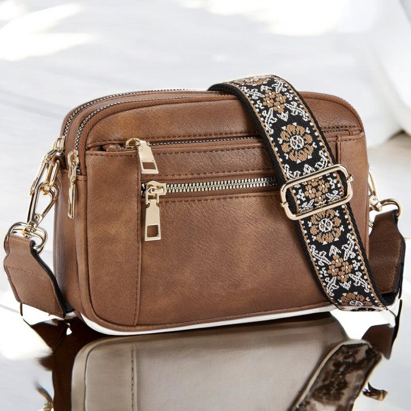 Elaine Beausoleil | White Faux Leather Crossbody Bag with Floral Strap