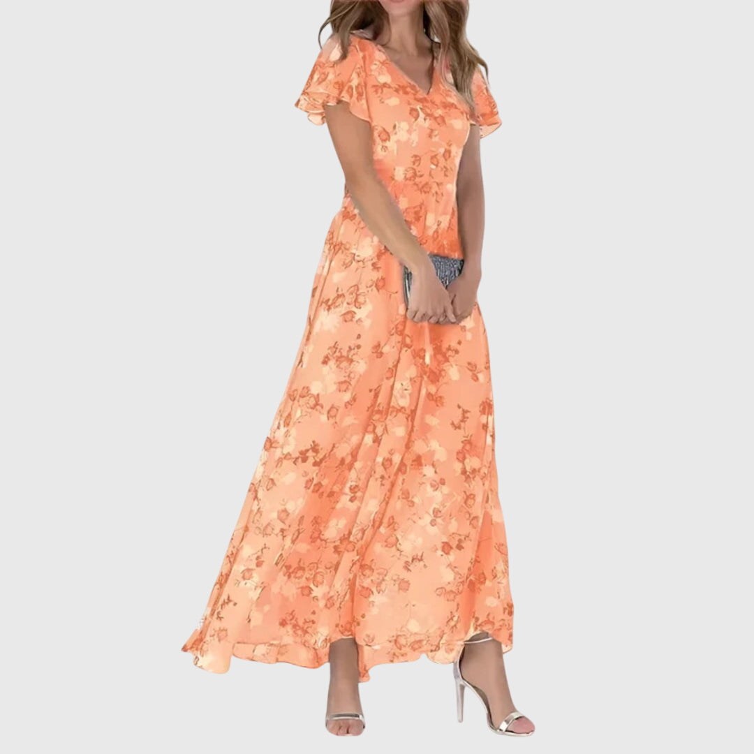 Aurienne Bellefort | Peach Floral Maxi Dress with Flutter Sleeves